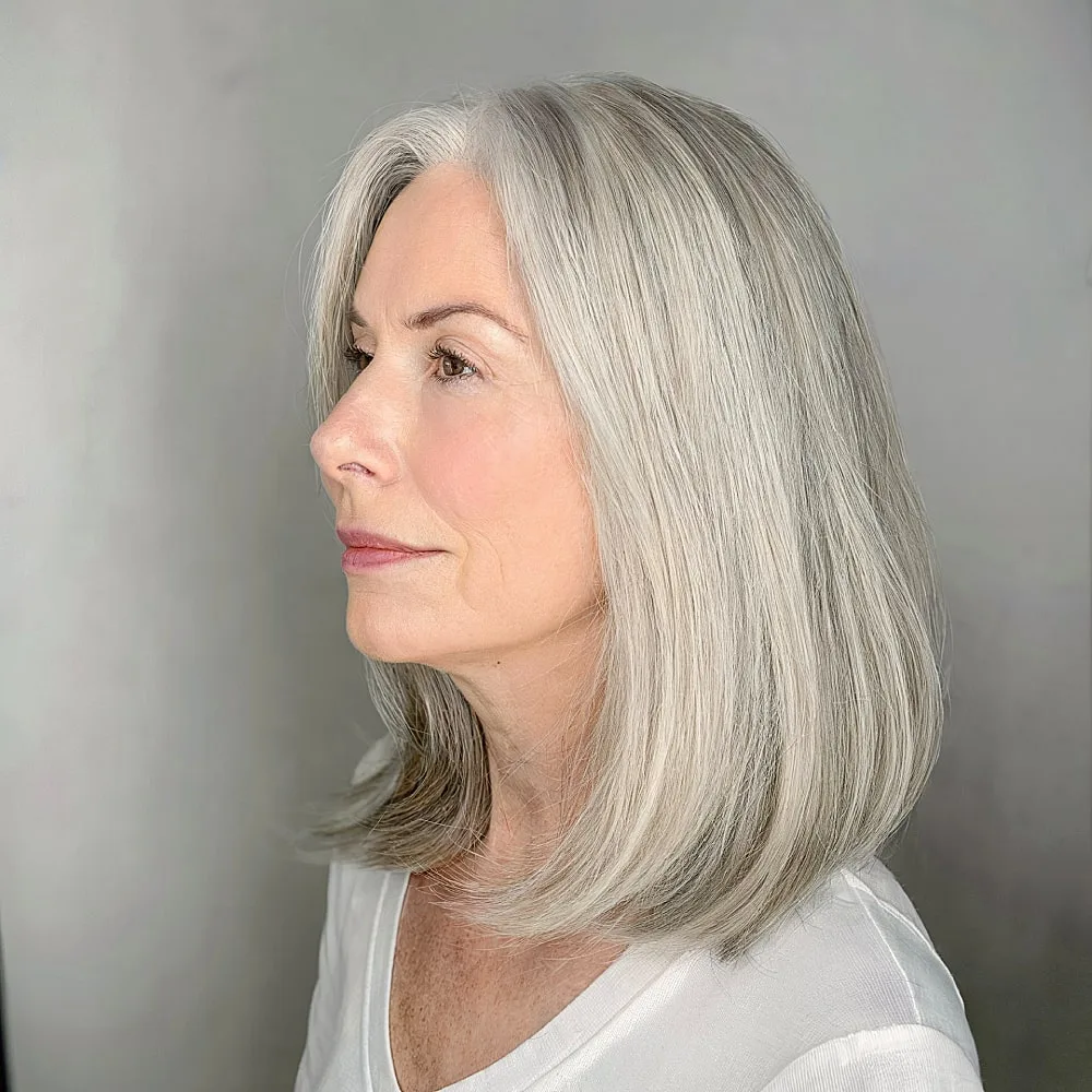 Silver Lumibob hairstyle for women over 50 with smooth texture and soft round shape