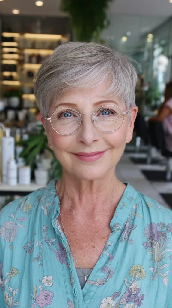 Silver Textured Pixie with Side-Swept Fringe and Round Glasses