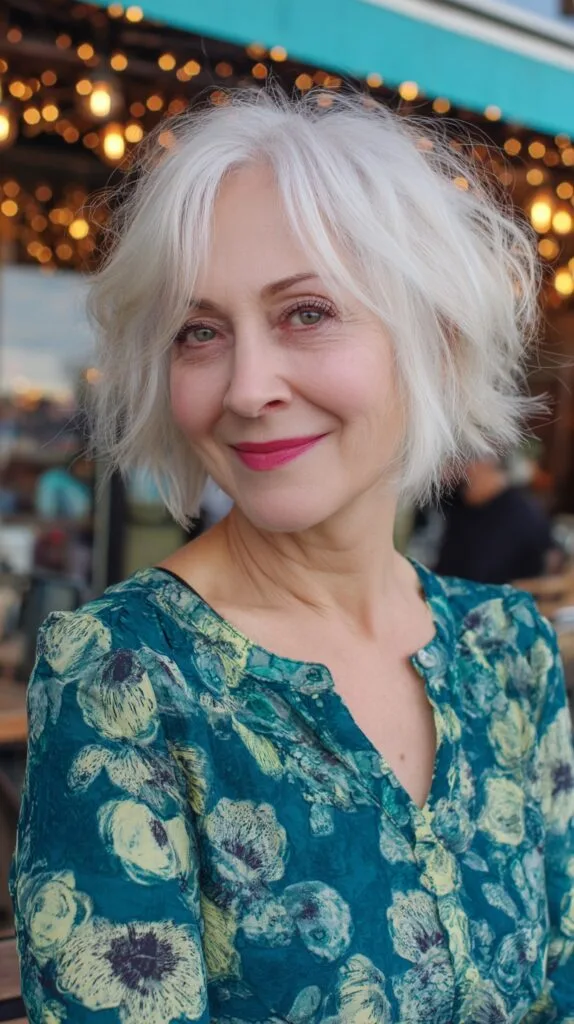 Silver Textured Shaggy Chin-Length Cut with Side-Swept Fringe