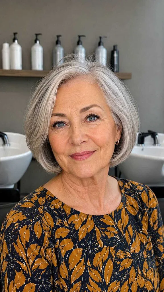 Silver white chin-length bob with soft inward bend