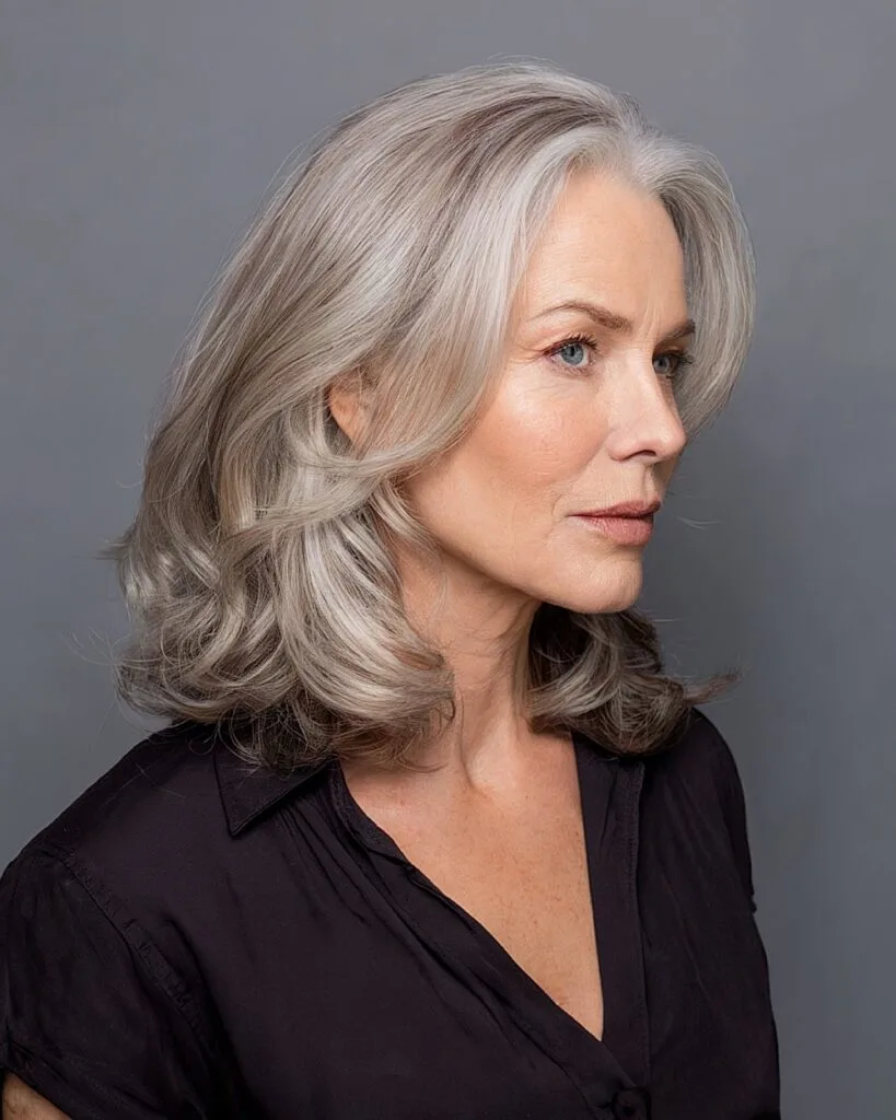 Silversink hair color with gray base and dimensional lowlights over 50