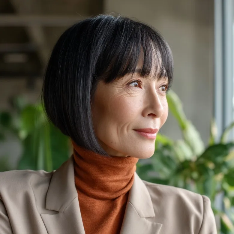 Sleek Angled Bob with Soft Bangs for Women Over 50