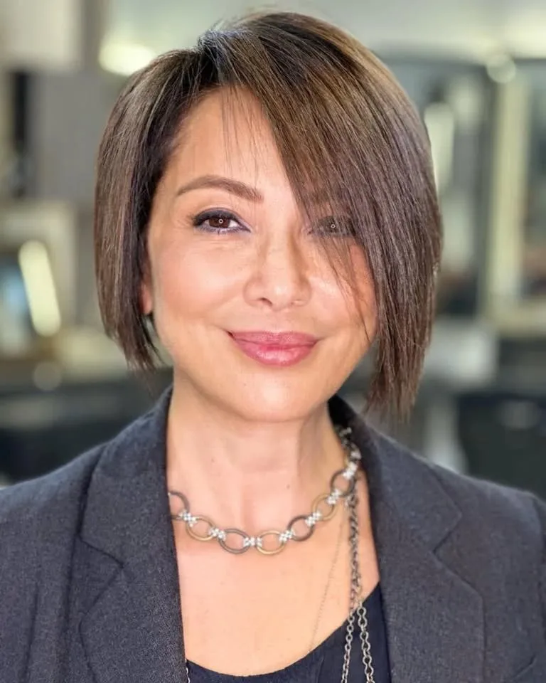 Sleek Angular Short Bob with Side-Swept Layers