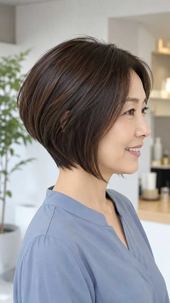Sleek dark brown tapered bob with soft graduation