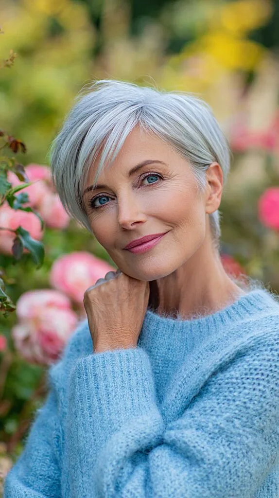 Sleek Platinum Pixie with Long Side Fringe and Tapered Ears