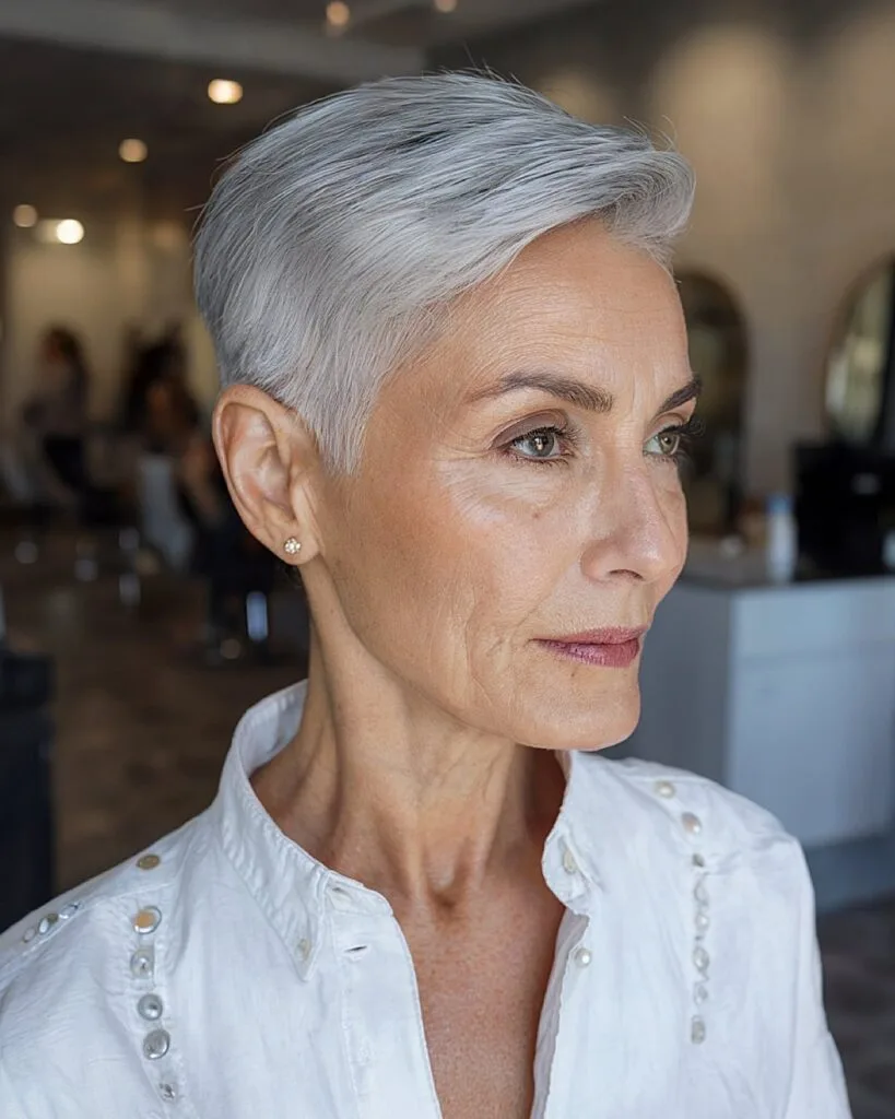 Sleek short silver haircut for women over 50 with side-swept top and clean taper