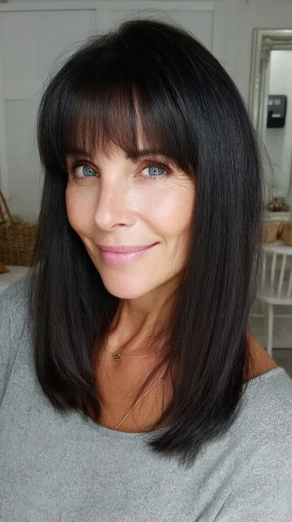 Sleek Shoulder-Length Cut with Brow-Skimming Blunt Fringe