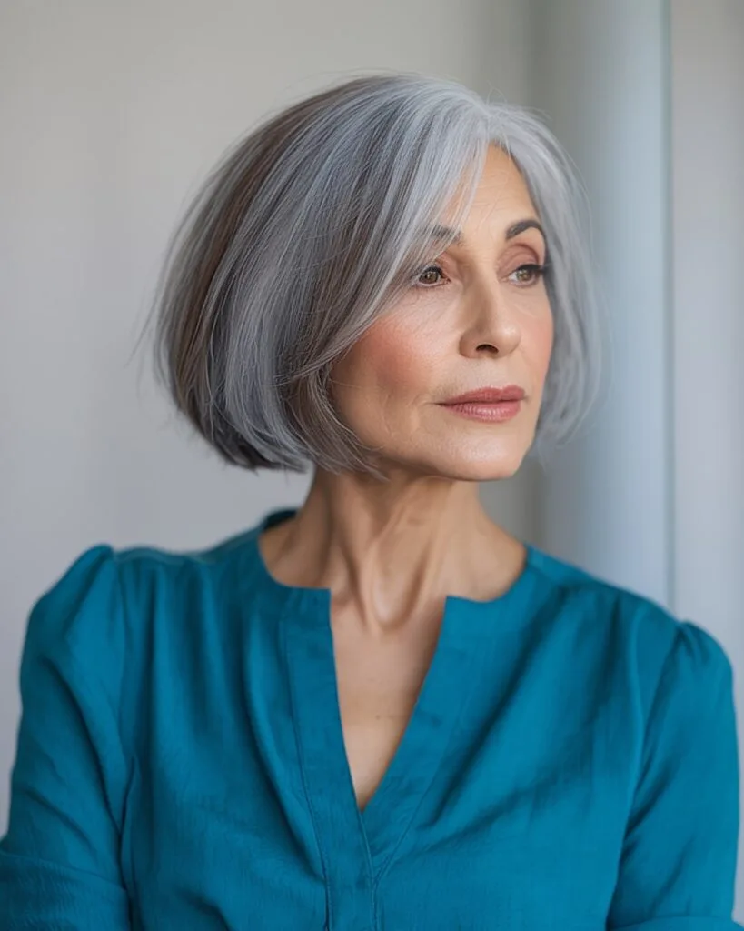 Sleek silver gray bob with chestnut brown lowlights for women over 50