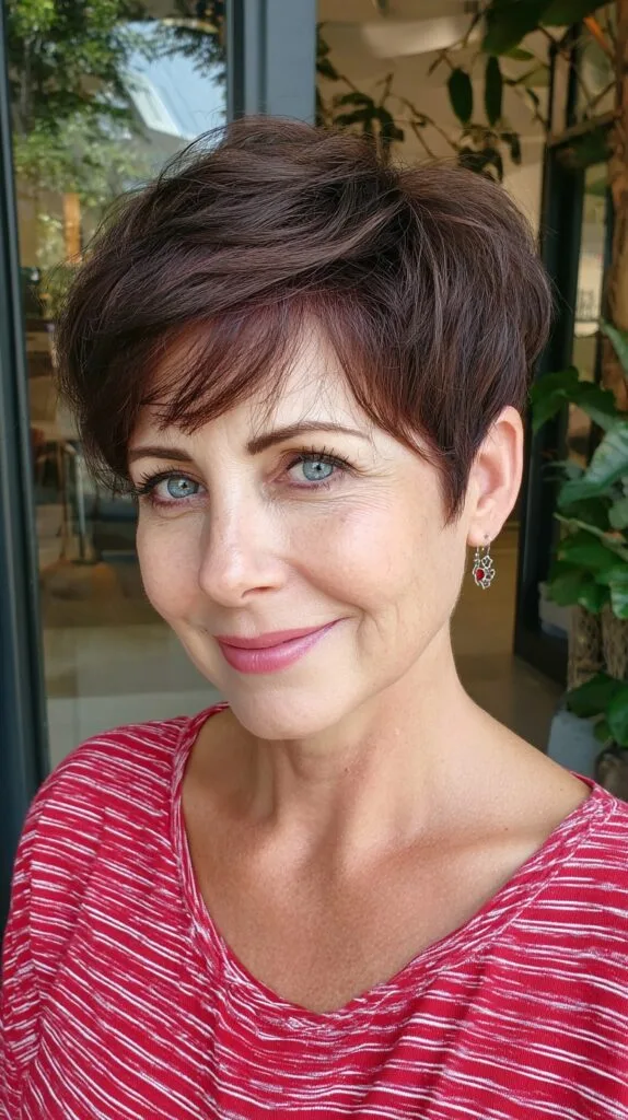 Soft Auburn Long Pixie with Lifted Crown and Diagonal Micro Fringe