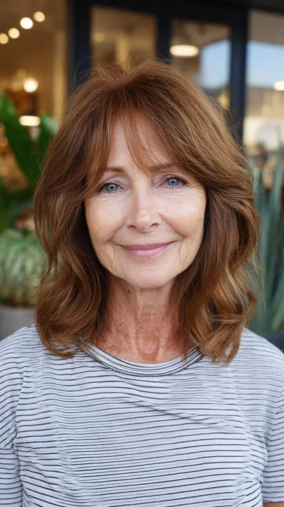 Soft Auburn Shoulder-Length Cut with Feathered Curtain Bangs