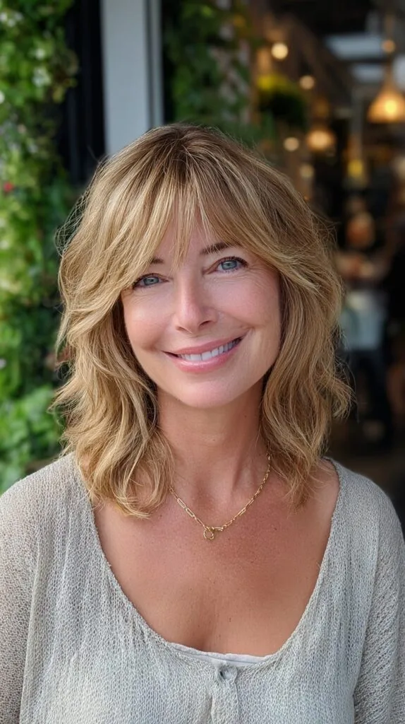 Soft Bronde Shag with Piecey Curtain Fringe and Subtle Root Shadow