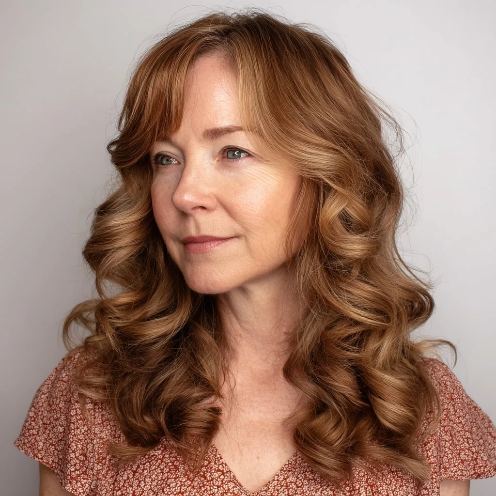 Soft Cascading Curls with Warm Auburn Tones