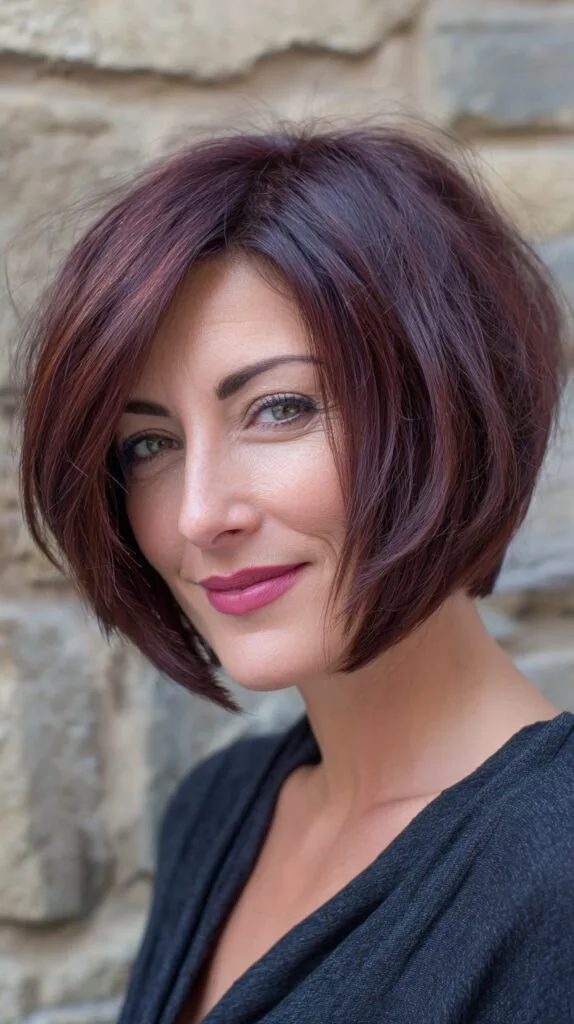 Soft Cherry Mocha Angled Bob with Face-Framing Layers