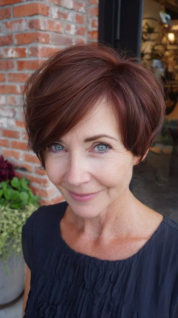 Soft Cherry Mocha Short Layered Pixie with Side-Swept Fringe