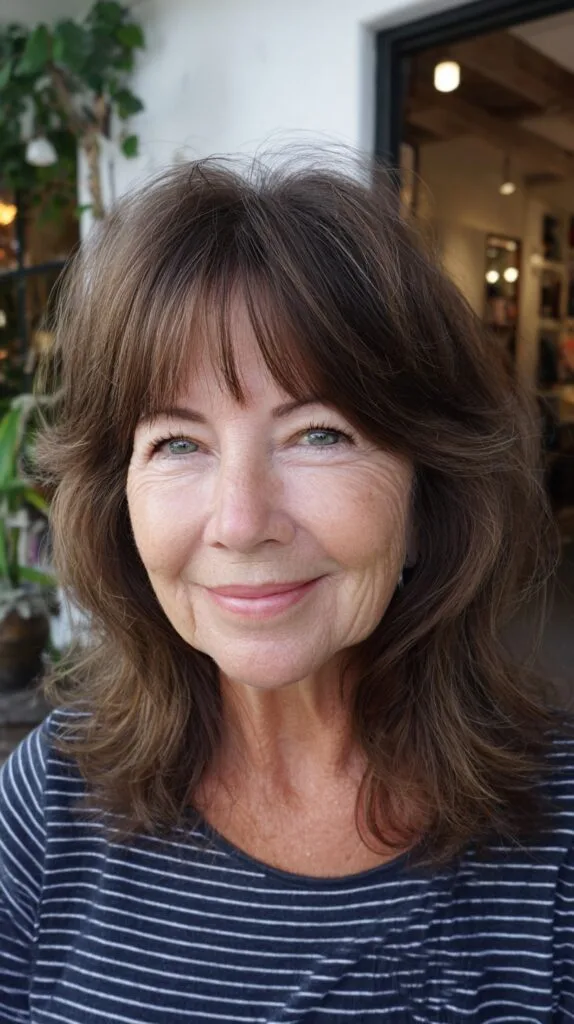 Soft Chestnut Shoulder Shag with Wispy Face-Framing Fringe