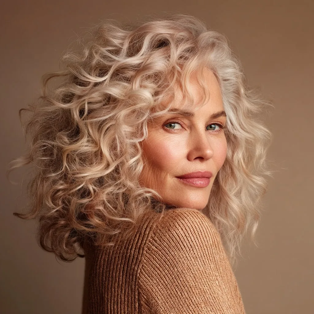 Soft Curly Shoulder-Length Hair with Light Blonde Highlights