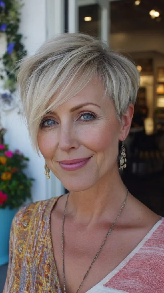 Soft Feathered Long Pixie with Diagonal Fringe