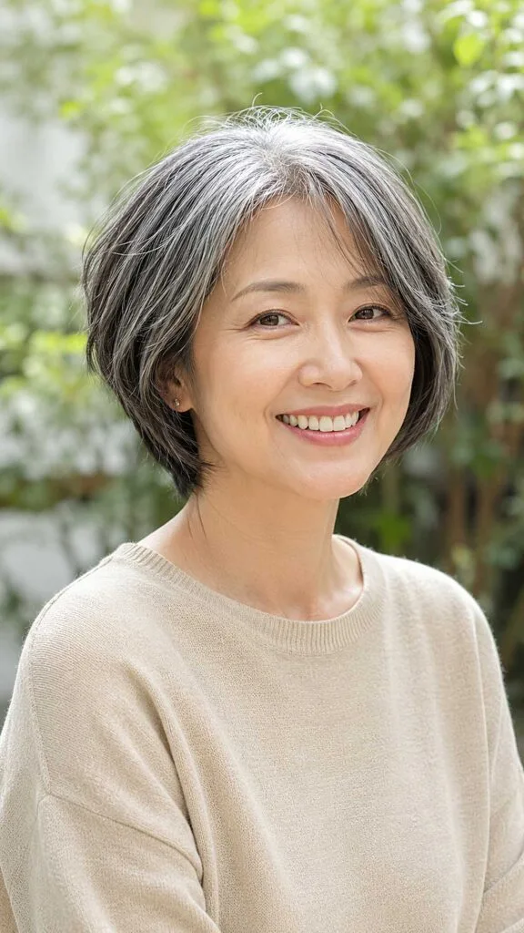 Soft Jaw-Length Gray Bob with Wispy Ends and Natural Streaking