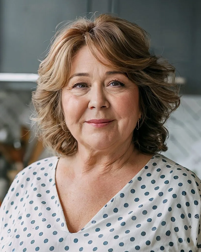 Soft layered shoulder-length haircut with feathered ends and side-swept bangs for women over 50 with full faces
