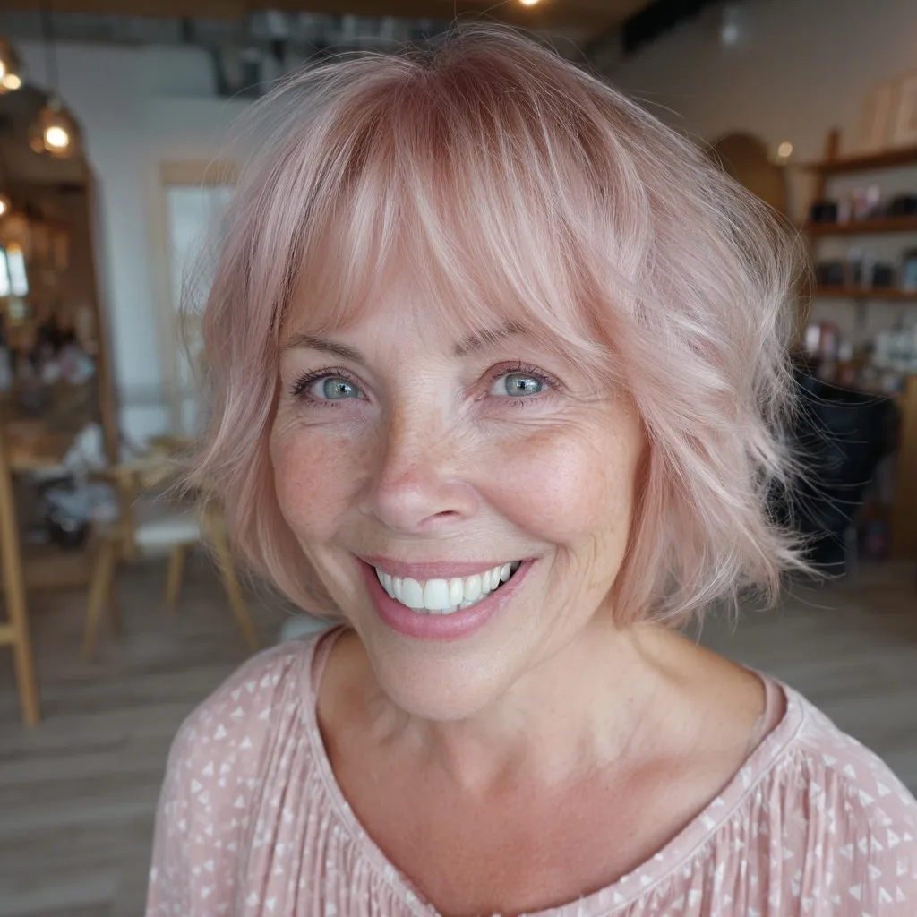 Soft Pink Textured Bob with Wispy Bangs