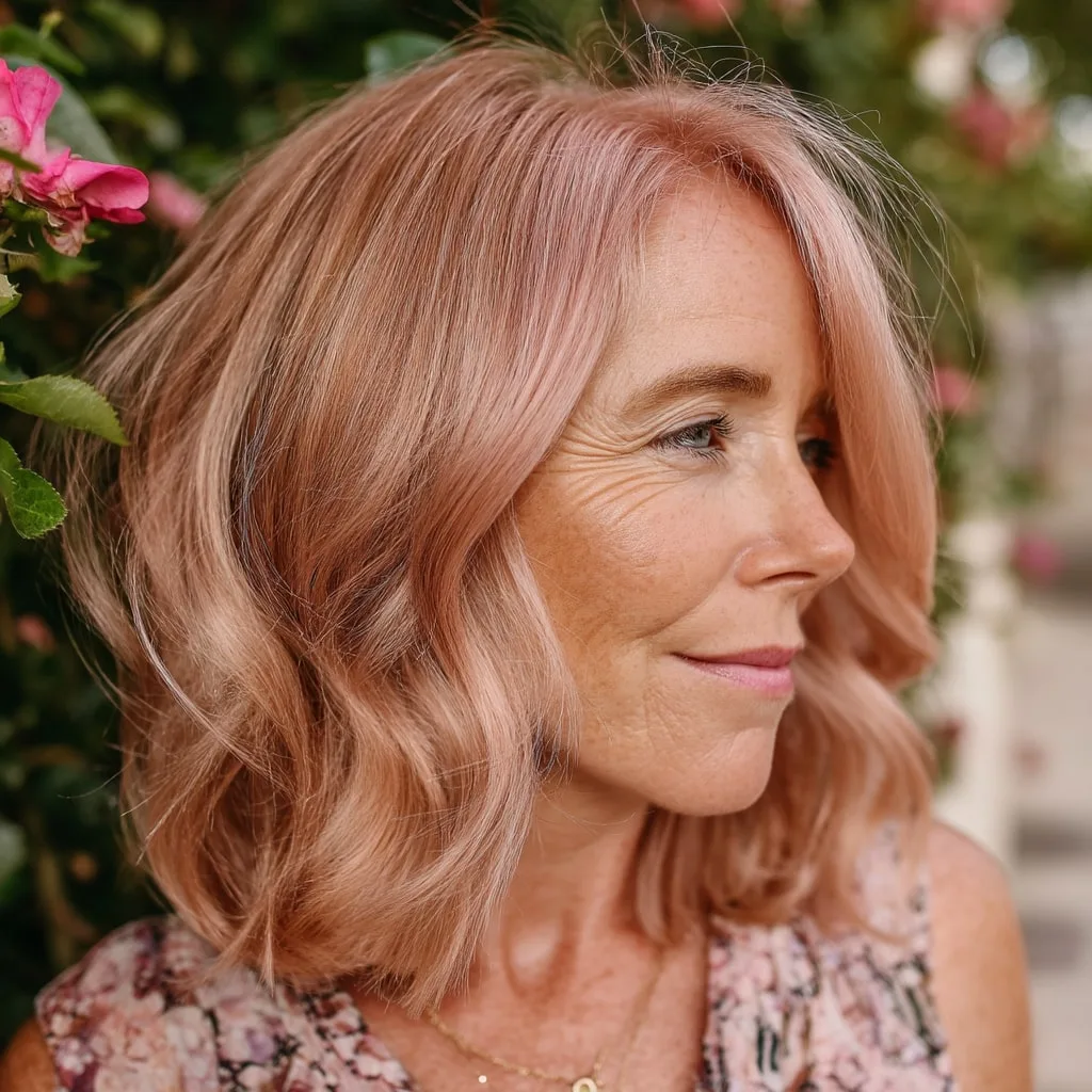 Soft Rose Gold Wavy Lob