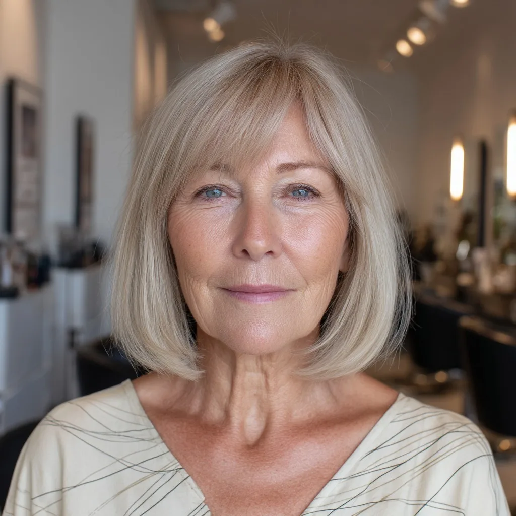 Soft Sandy Blonde Blunt Bob with Subtle Fringe