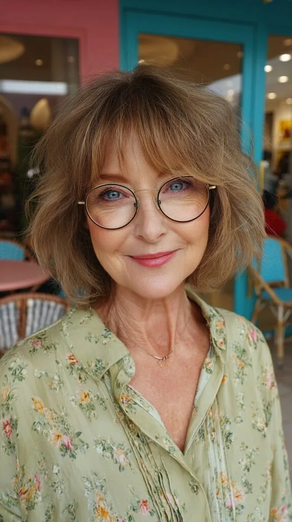 Soft Shoulder-Grazing Layered Bob with Feathered Curtain Fringe and Glasses