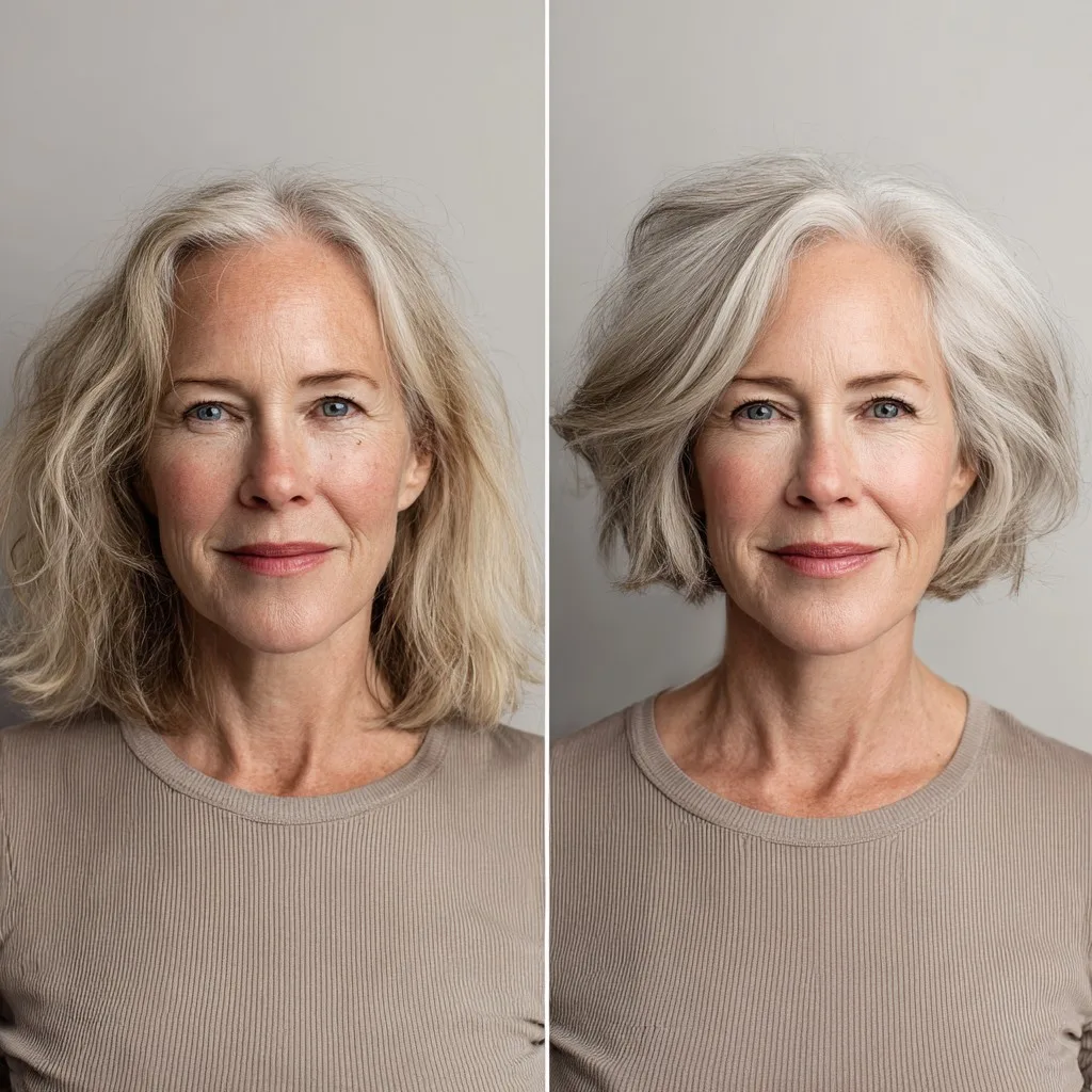 Soft Silver Chin-Length Layered Bob with Voluminous Side Sweep