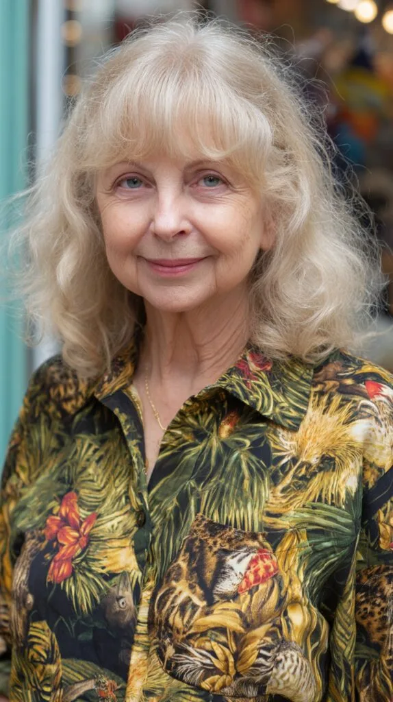Soft Silver Shoulder-Length Cut with Feathered Curtain Fringe and Crown Lift