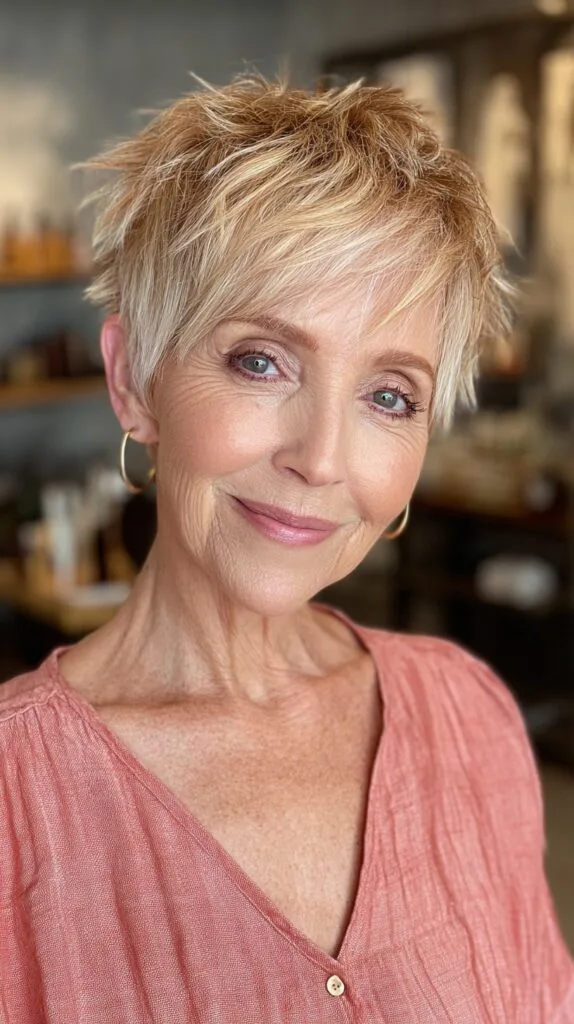 Soft Textured Blonde Pixie with Natural Highlights