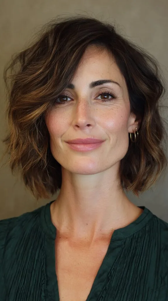 Soft Tousled Brunette Bob with Subtle Highlights