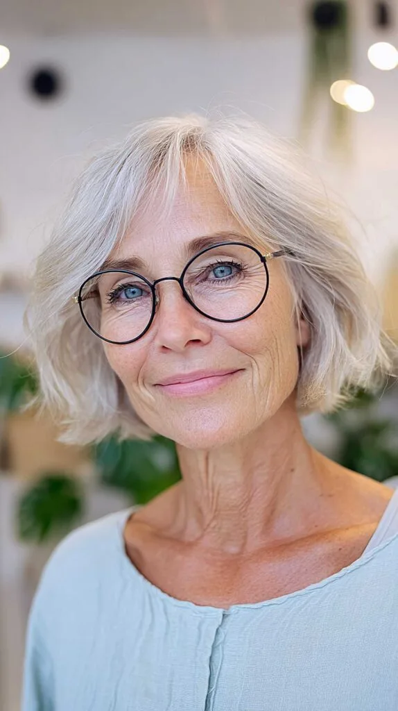 Soft White Wavy Bob with Black Round Glasses