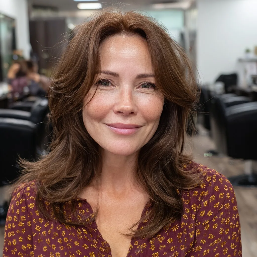 Softly Layered Brunette Cut with Face-Framing Tendrils