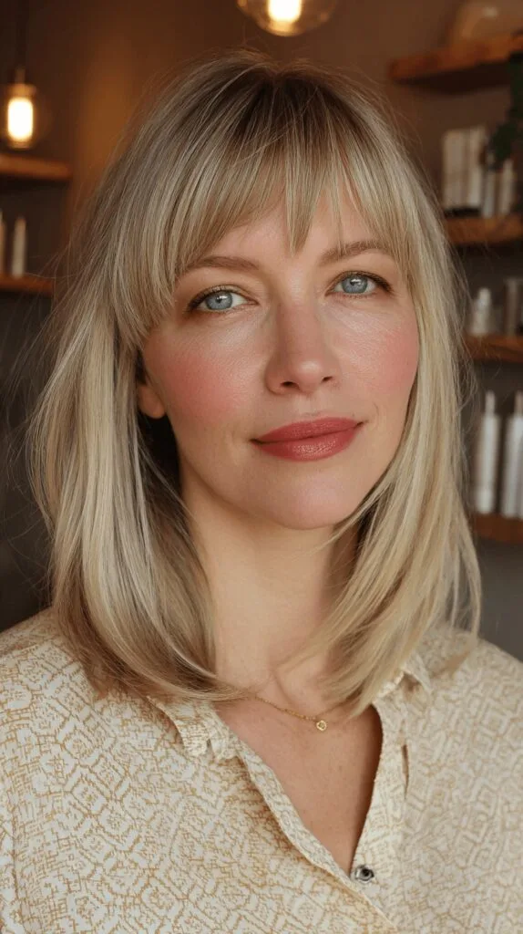 Softly Layered Dark Blonde Hair with Face-Framing Bangs