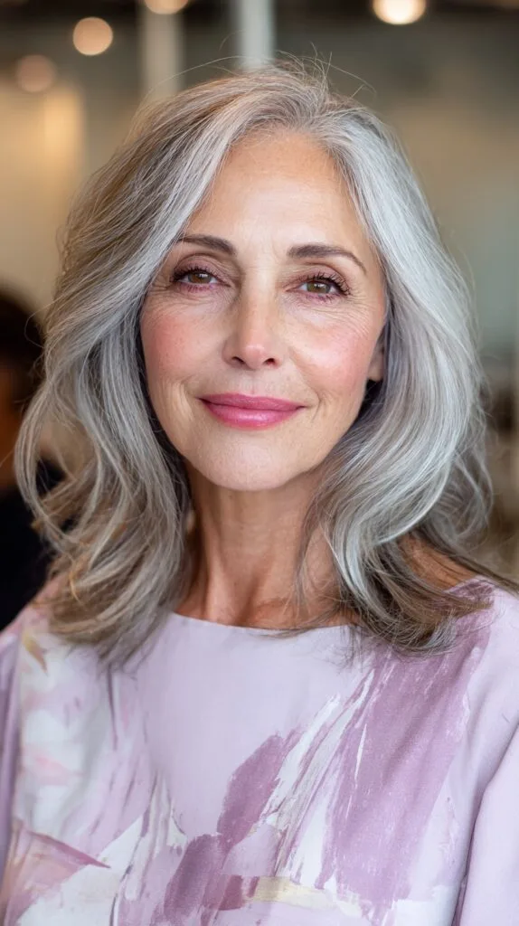 Softly Layered Gray Medium Cut with Gentle Waves