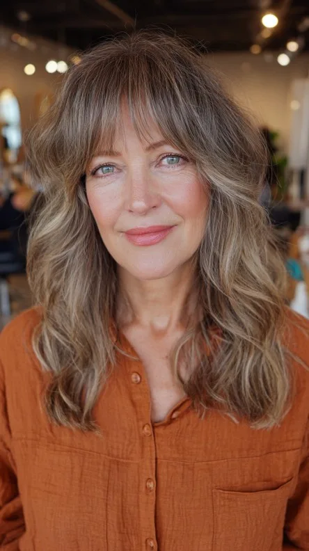 Softly Layered Light Brown Hair with Subtle Face-Framing Bangs