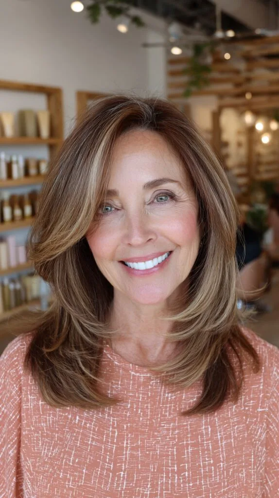 Softly Layered Medium Cut with Golden Highlights