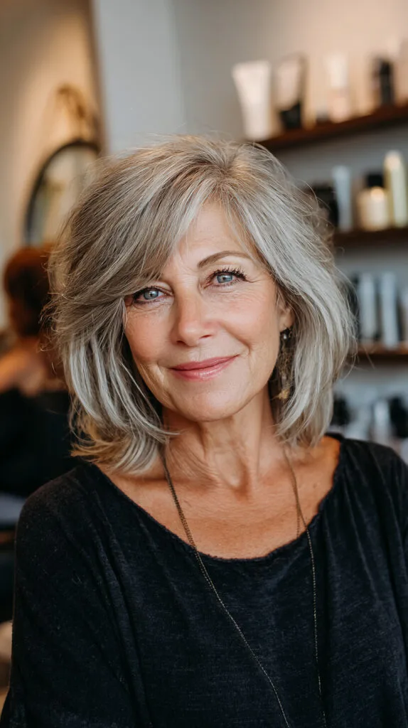 Softly Tapered Silver Bob with Feathered Layers