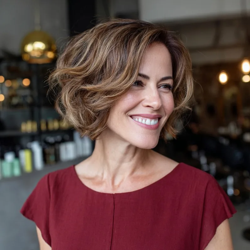 Softly Textured Curly Bob with Subtle Highlights