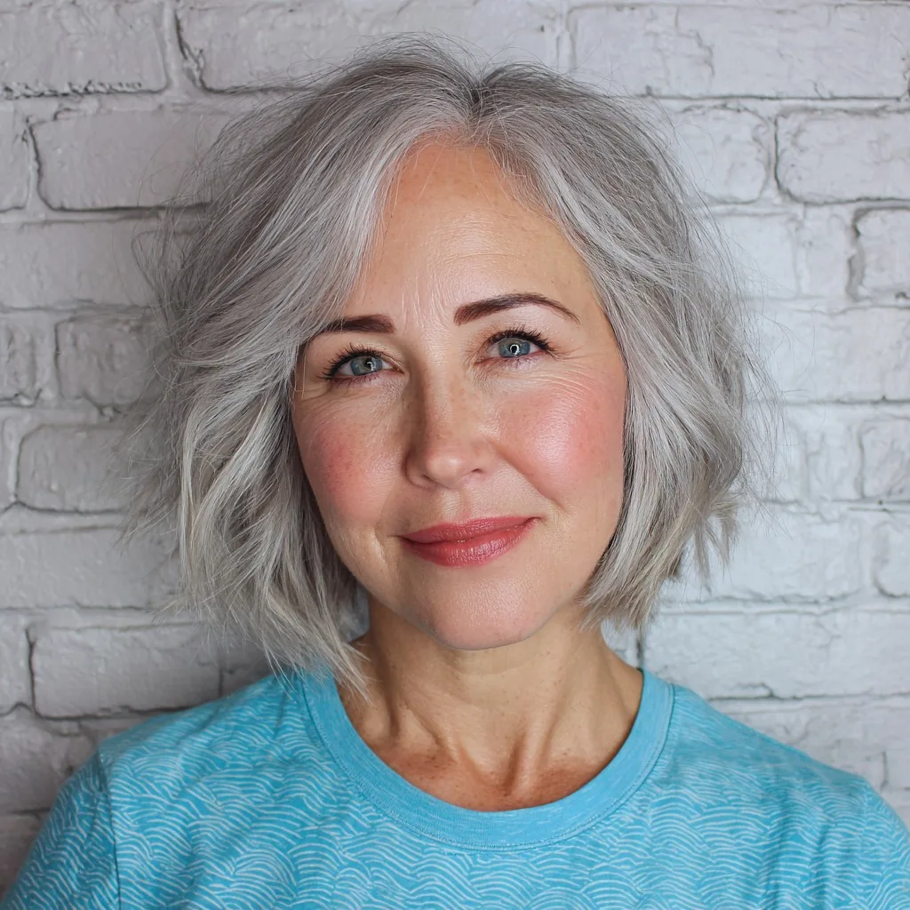 Softly Textured Grey Bob with Feathered Ends
