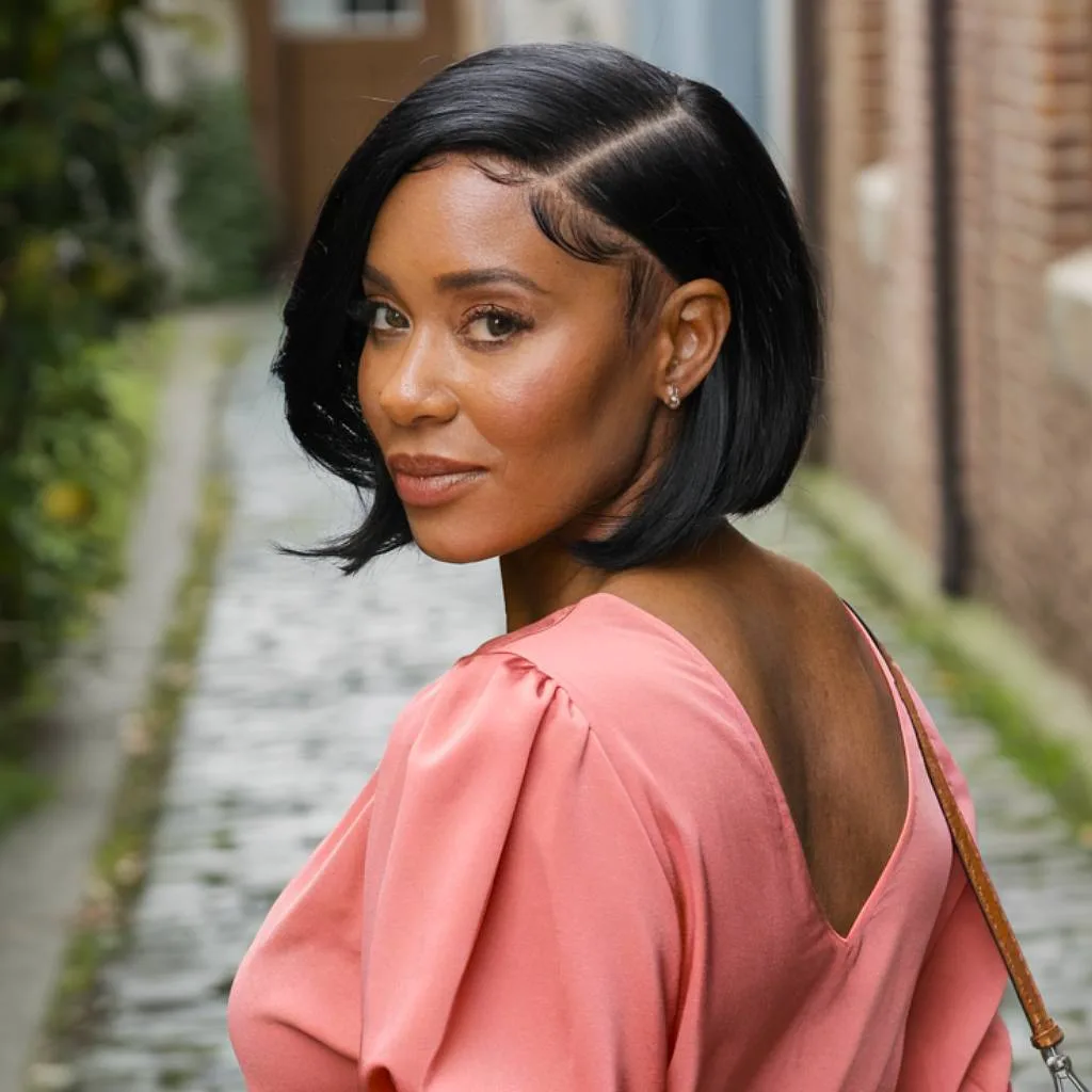 Stacked bob haircut for fine hair over 40 with deep side part and precise nape contour
