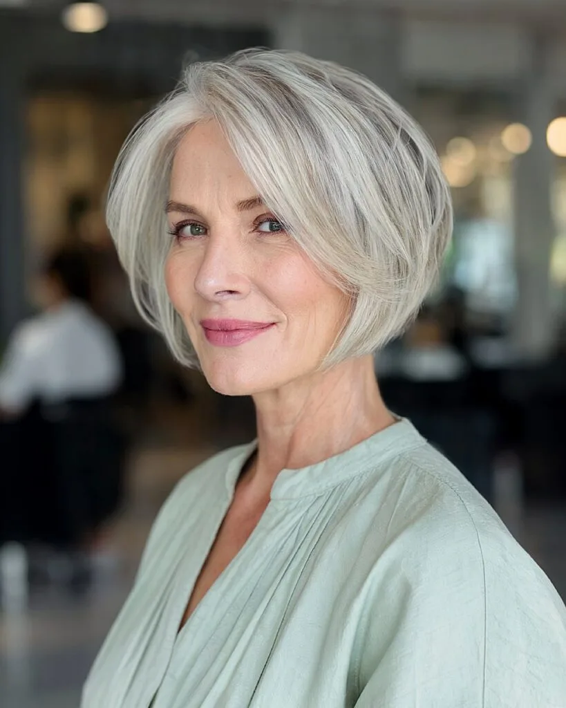 Stacked short gray blonde bob with layered back for women over 50