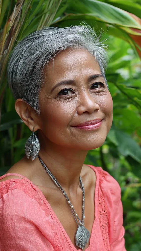Steel Gray Tapered Pixie with Forward-Swept Top and Exposed Ears
