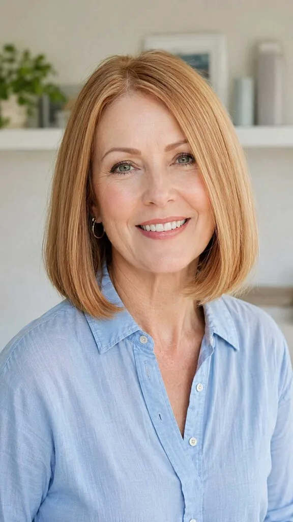 Strawberry blonde one-length bob with clean lines