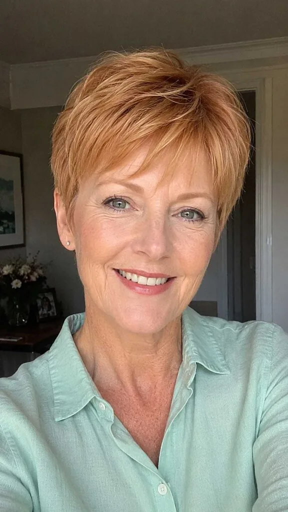 Strawberry Blonde Pixie with Sweeping Layered Bangs