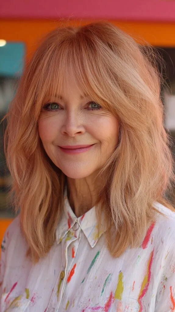 Strawberry Blonde Shoulder-Length Shag with Soft Brow-Skimming Fringe