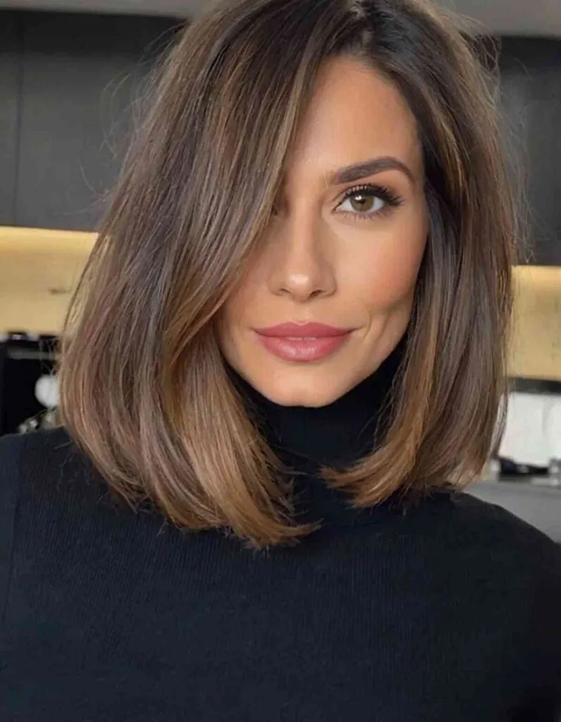 Stylish Caramel Balayage Lob with Deep Side Part