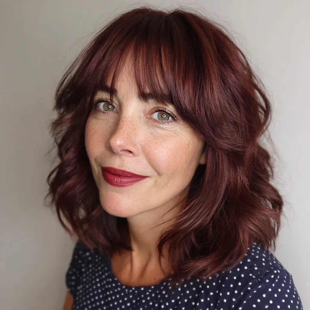 Stylish Layered Red Bob with Soft Fringe