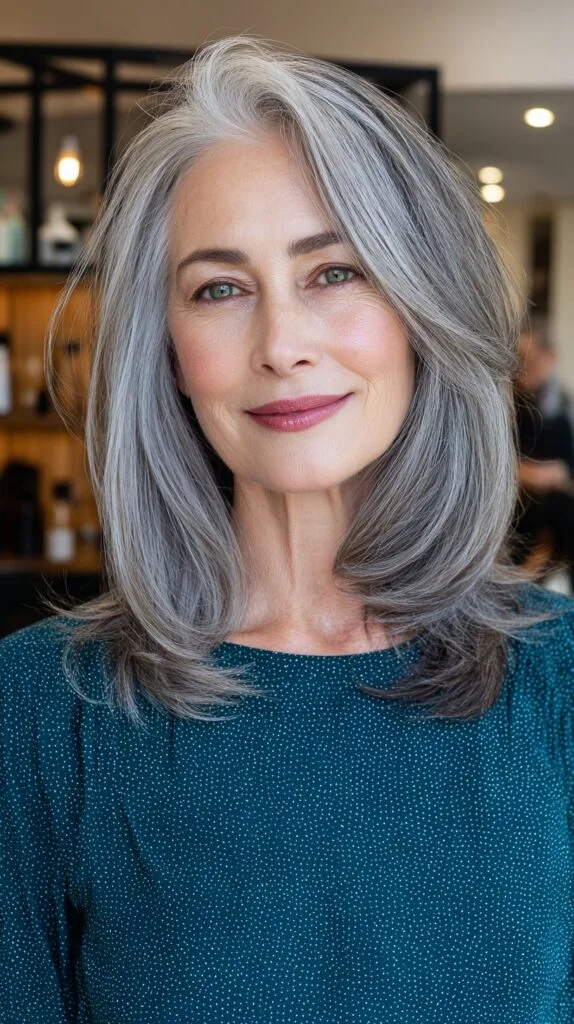 Stylish Medium-Length Gray Haircut with Soft Layers