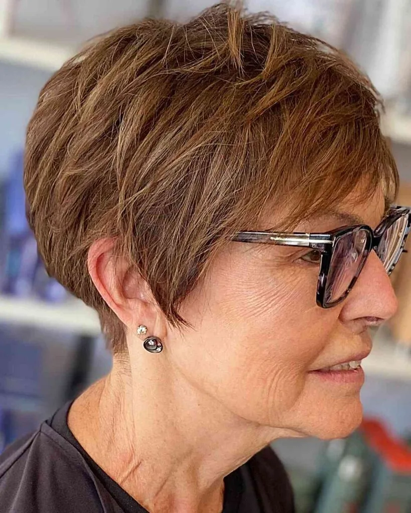Stylish Pixie Bob with Highlights for Women Aged 50 with Eyeglasses